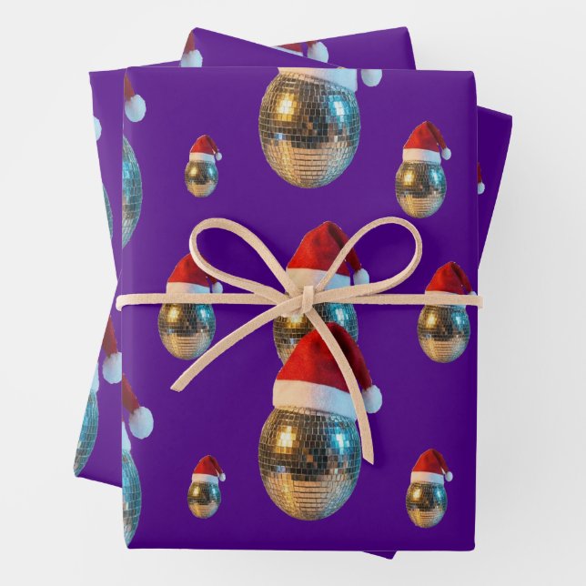 Groovy Disco Ball with Santa Hat Retro Party Wrapping Paper Sheet (In situ)