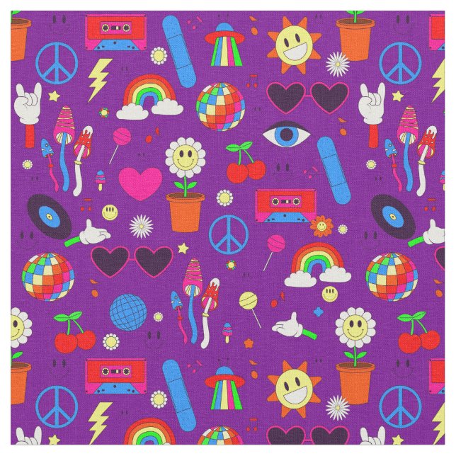 groovy disco daisy mushrooms purple fabric (Close Up)