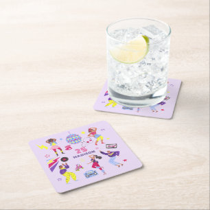 Groovy Disco Lila Girls Party Millennial Retro Square Paper Coaster