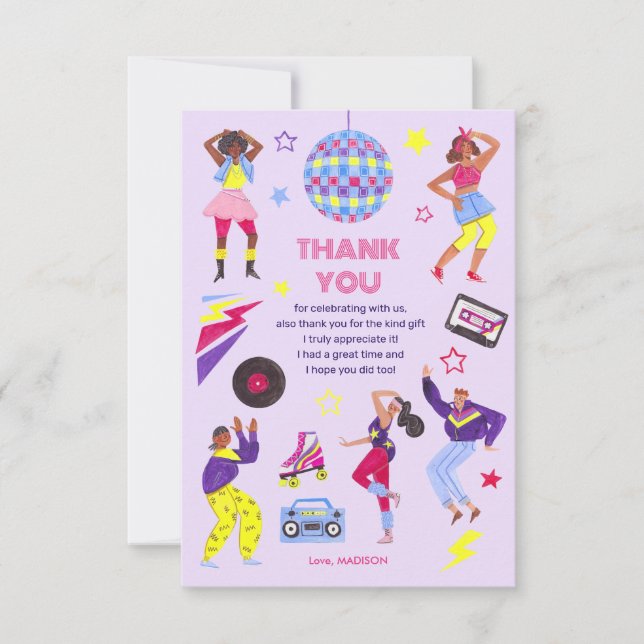 Groovy Disco Lila Party Retro 80s Girls Thank You Card (Front)