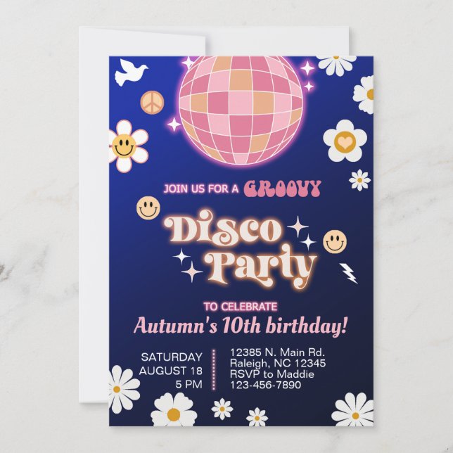 Groovy disco party girl birthday invite retro 70's (Front)