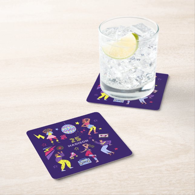 Groovy Disco Purple Party Millennial Retro  Square Paper Coaster (Insitu)