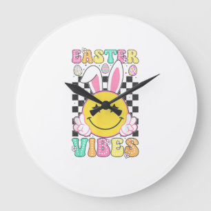 Groovy Easter Vibes Bunny Easter Day Smile Face Gi Large Clock