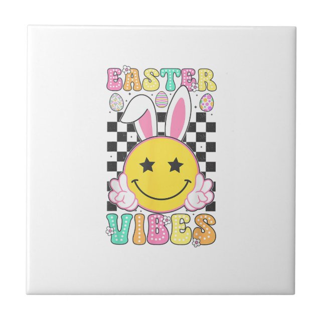 Groovy Easter Vibes Bunny Easter Day Smile Face Gi Tile (Front)