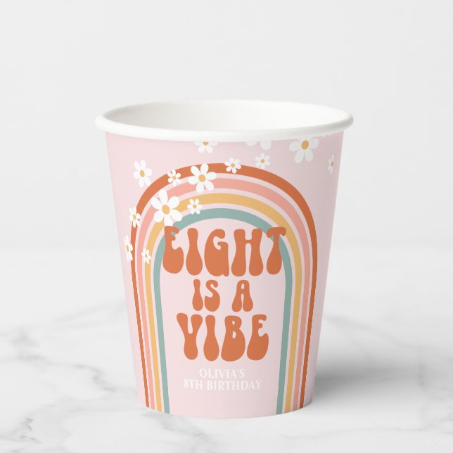 Groovy Eight is a vibe daisy rainbow 8th birthday Paper Cups (Front)