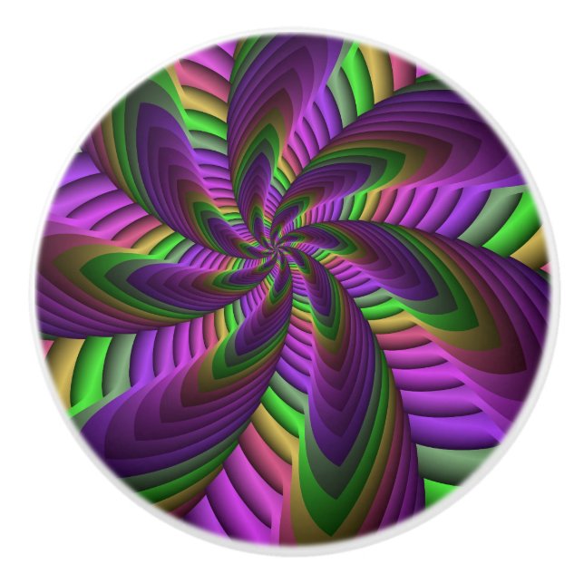 Groovy Energetic Colourful Neon Fractal Pattern Ceramic Knob (Front)