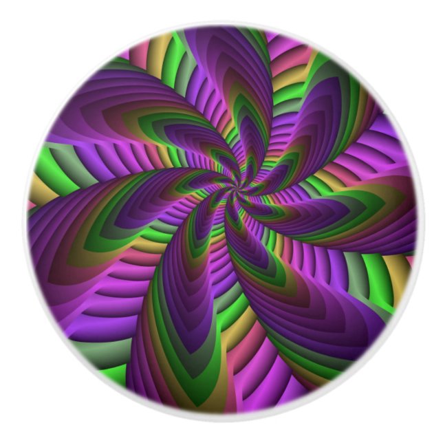 Groovy Energetic Colourful Neon Fractal Pattern Ceramic Knob (Front)
