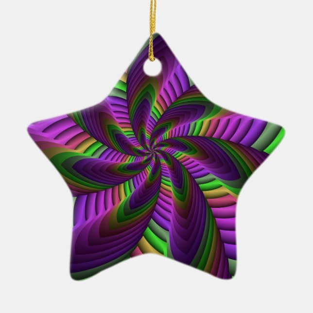 Groovy Energetic Colourful Neon Fractal Pattern Ceramic Tree Decoration (Front)