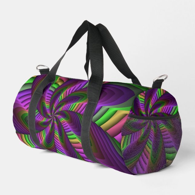 Groovy Energetic Colourful Neon Fractal Pattern Duffle Bag (Right Corner)