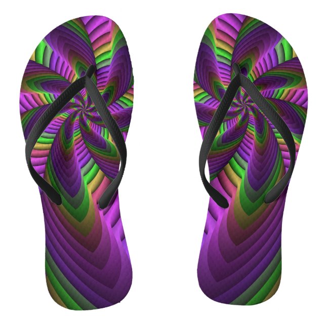 Groovy Energetic Colourful Neon Fractal Pattern Flip Flops (Footbed)