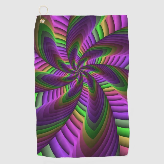 Groovy Energetic Colourful Neon Fractal Pattern Golf Towel (Front)
