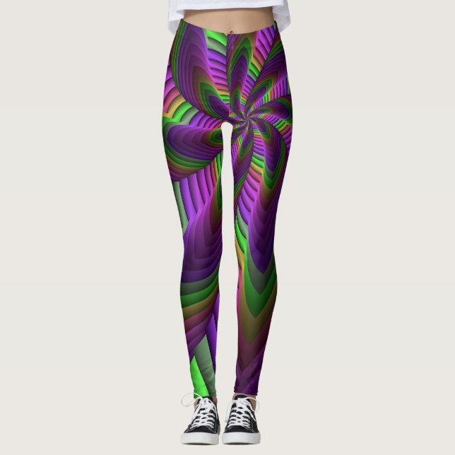 Groovy Energetic Colourful Neon Fractal Pattern Leggings (Front)