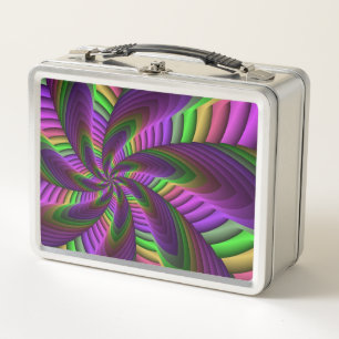 Groovy Energetic Colourful Neon Fractal Pattern Metal Lunch Box