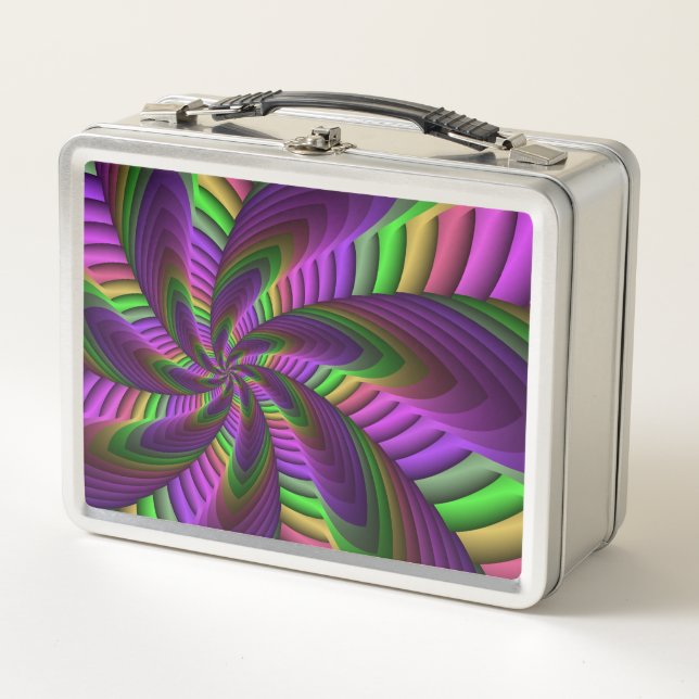 Groovy Energetic Colourful Neon Fractal Pattern Metal Lunch Box (Front)