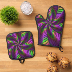 Groovy Energetic Colourful Neon Fractal Pattern Oven Mitt & Pot Holder Set