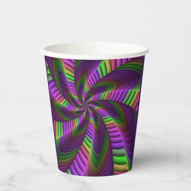 Groovy Energetic Colourful Neon Fractal Pattern Paper Cups (Front)