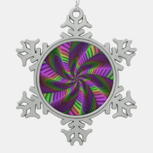 Groovy Energetic Colourful Neon Fractal Pattern Snowflake Pewter Christmas Ornament