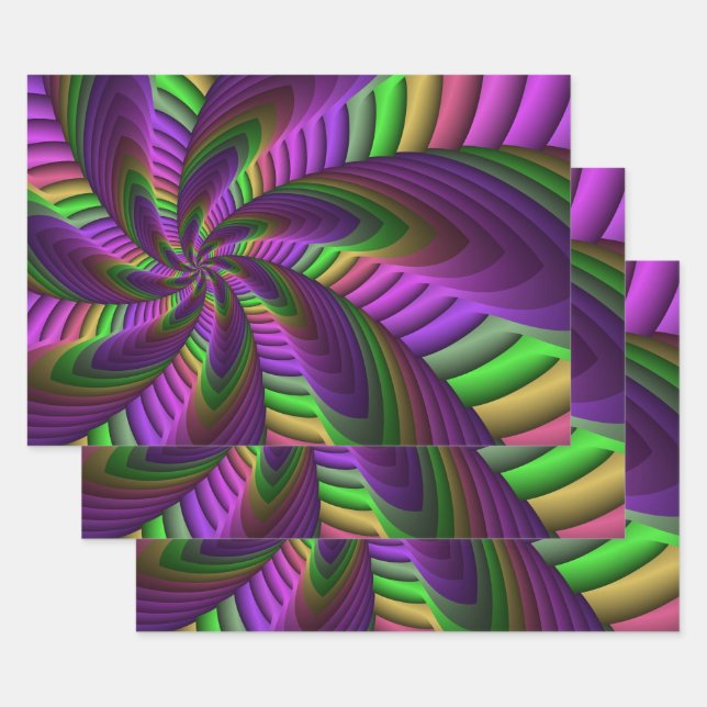 Groovy Energetic Colourful Neon Fractal Pattern Wrapping Paper Sheet (Set)