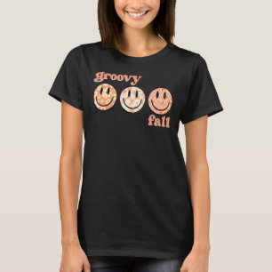 Groovy Fall Happy Face Retro Autumn Flower Chequer T-Shirt