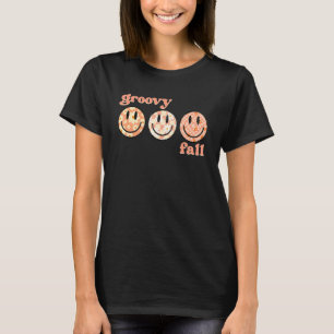 Groovy Fall Happy Face Retro Autumn Flower Chequer T-Shirt