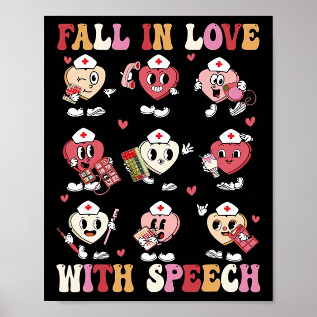 Groovy Fall In Love With Speech Therapy Valentines Poster (Front)