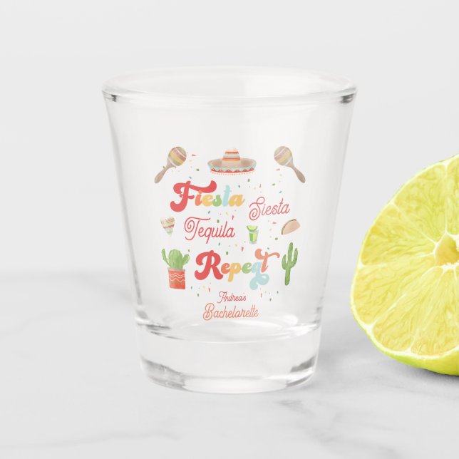 Groovy Fiesta Siesta Tequila Repeat Bachelorette Shot Glass (Front)