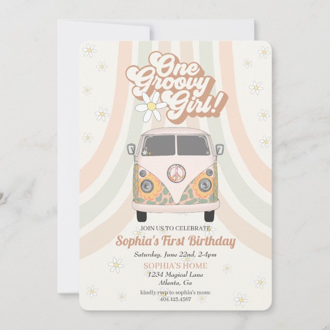 Groovy first birthday, 70s retro theme invitation (Front)
