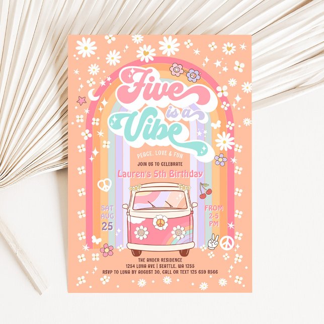 Groovy FIVE is a Vibe Daisy 5th Birthday Invitation (Creator Uploaded)