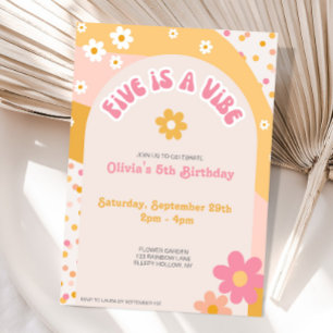 Groovy Five Is A Vibe Retro Rainbow Daisy 5th Invitation