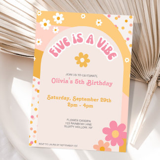 Groovy Five Is A Vibe Retro Rainbow Daisy 5th Invitation
