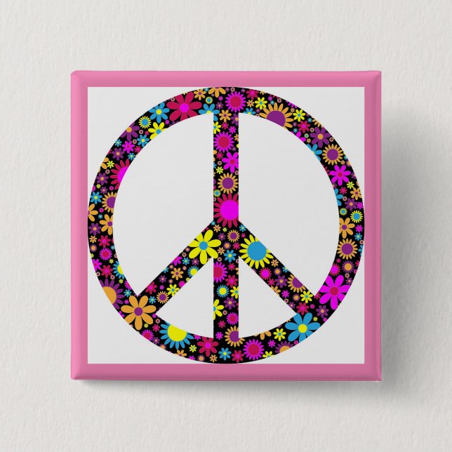 GROOVY FLORAL PEACE SIGN 15 CM SQUARE BADGE (Front)