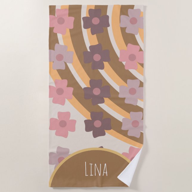 Groovy Florals Rainbow Brown Name  Beach Towel (Front)