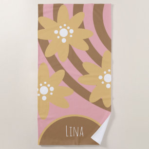 Groovy Florals Yellow Brown Name  Beach Towel