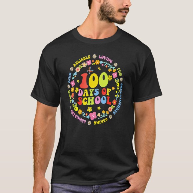 Groovy Flower 100 Days Of School Teacher Happy 100 T-Shirt (Front)