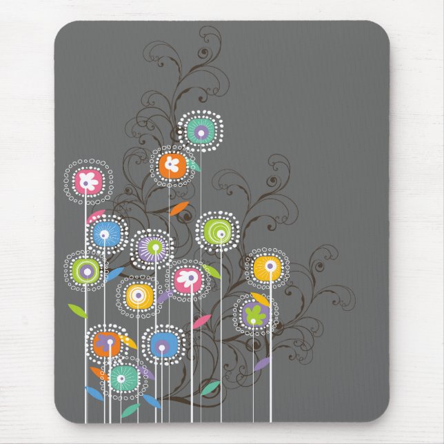 Groovy Flower Garden Colourful Whimsical Floral Mouse Mat (Front)