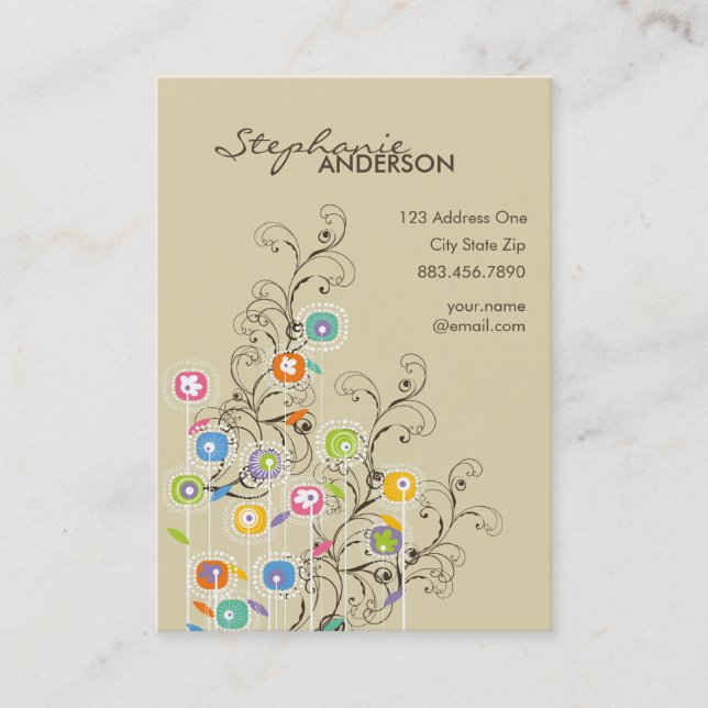 Groovy Flower Garden Whimsical Colourful Floral Business Card (Front)