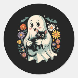 Groovy Flower Ghost Holding Black Cat Halloween Classic Round Sticker
