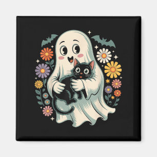 Groovy Flower Ghost Holding Black Cat Halloween Magnet