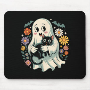 Groovy Flower Ghost Holding Black Cat Halloween Mouse Mat