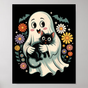 Groovy Flower Ghost Holding Black Cat Halloween Poster