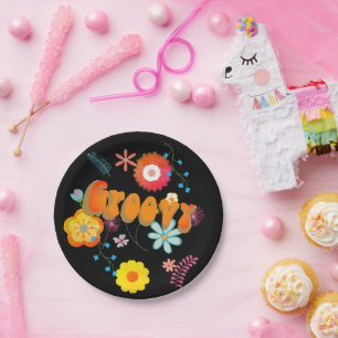 Groovy Flower Power Colourful Black Paper Plate