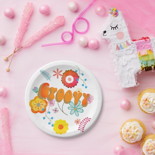 Groovy Flower Power Colourful Pink Paper Plate (Party)