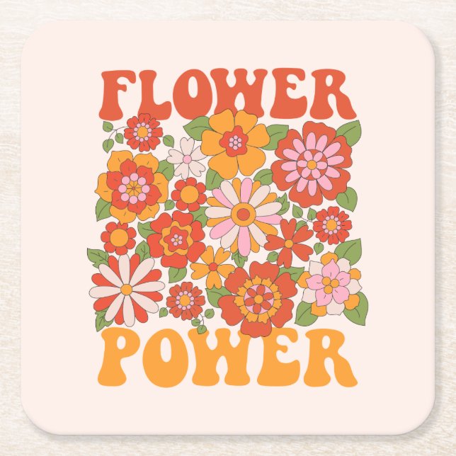 Groovy Flower Power Graphic Square Paper Coaster (Front)