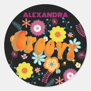 Groovy Flower Power Pink Black Classic Round Sticker