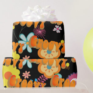 Groovy Flower Power Pink Black Wrapping Paper