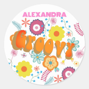 Groovy Flower Power Pink White Classic Round Sticker
