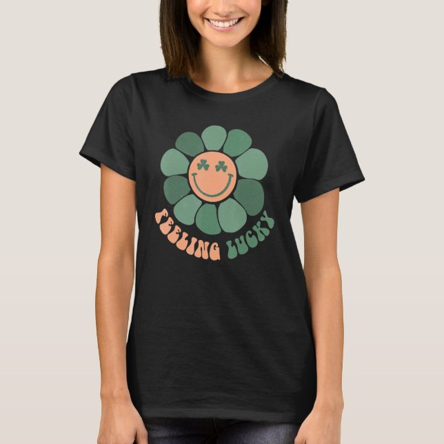 Groovy Flower Shamrock Feeling Lucky Patrick's Day T-Shirt (Front)