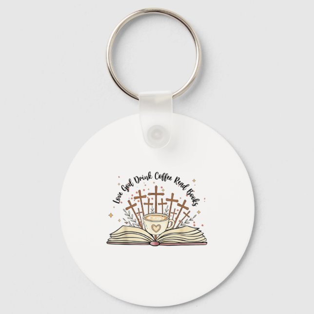 Groovy Flowers Love God Drink Coffee Read Books Ch Key Ring (Front)
