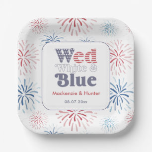 Groovy Font Wed White Blue Backyard Wedding Shower Paper Plate