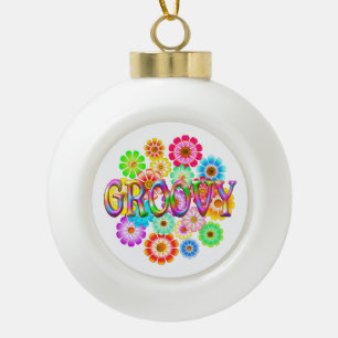 GROOVY Fun Flowers Ceramic Ball Christmas Ornament